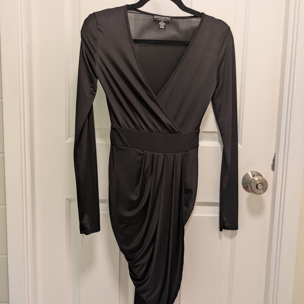 Black Draped Long Sleeve Dress